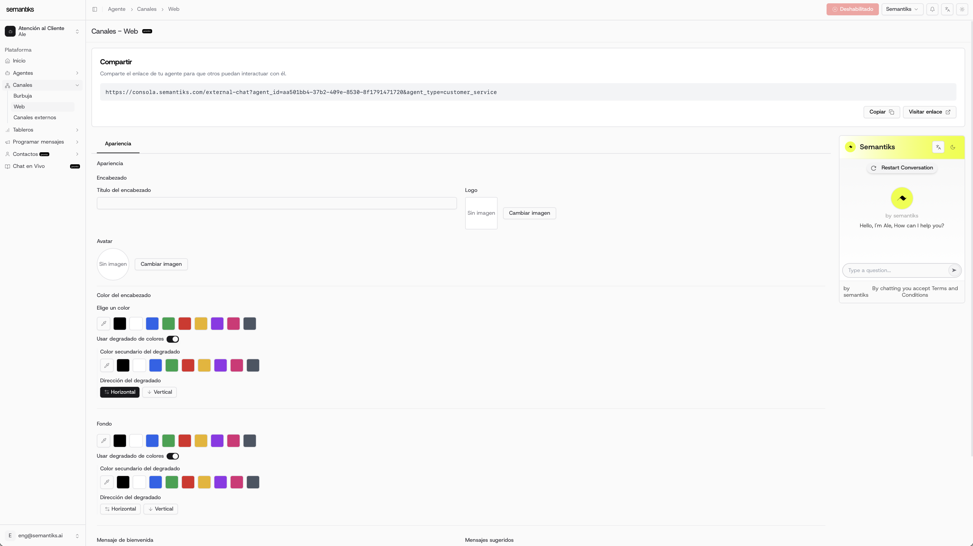 Configuración del canal web de Semantiks con enlace compartible, personalización de marca y vista previa del agente de chat de IA en vivo.