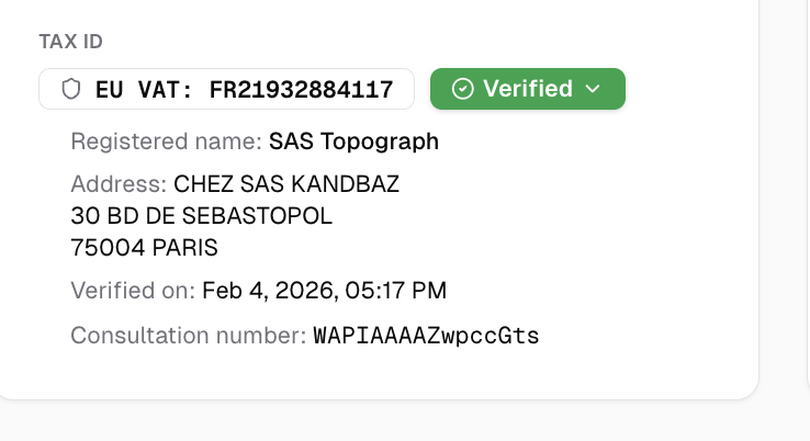 Tax ID verification details showing registered name, address, verification date and consultation number