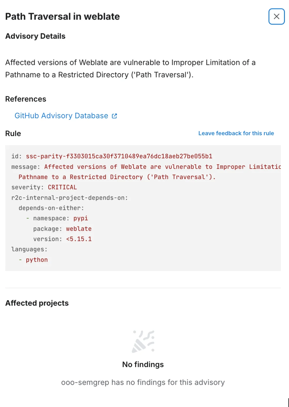 Advisory details dialog with no findings found.