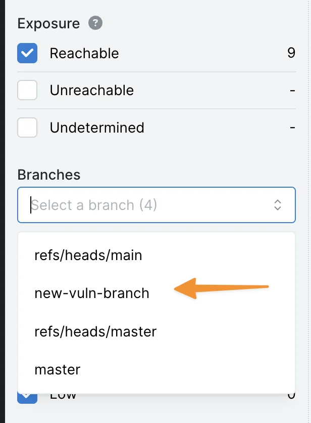 Branch selector with branch options shown