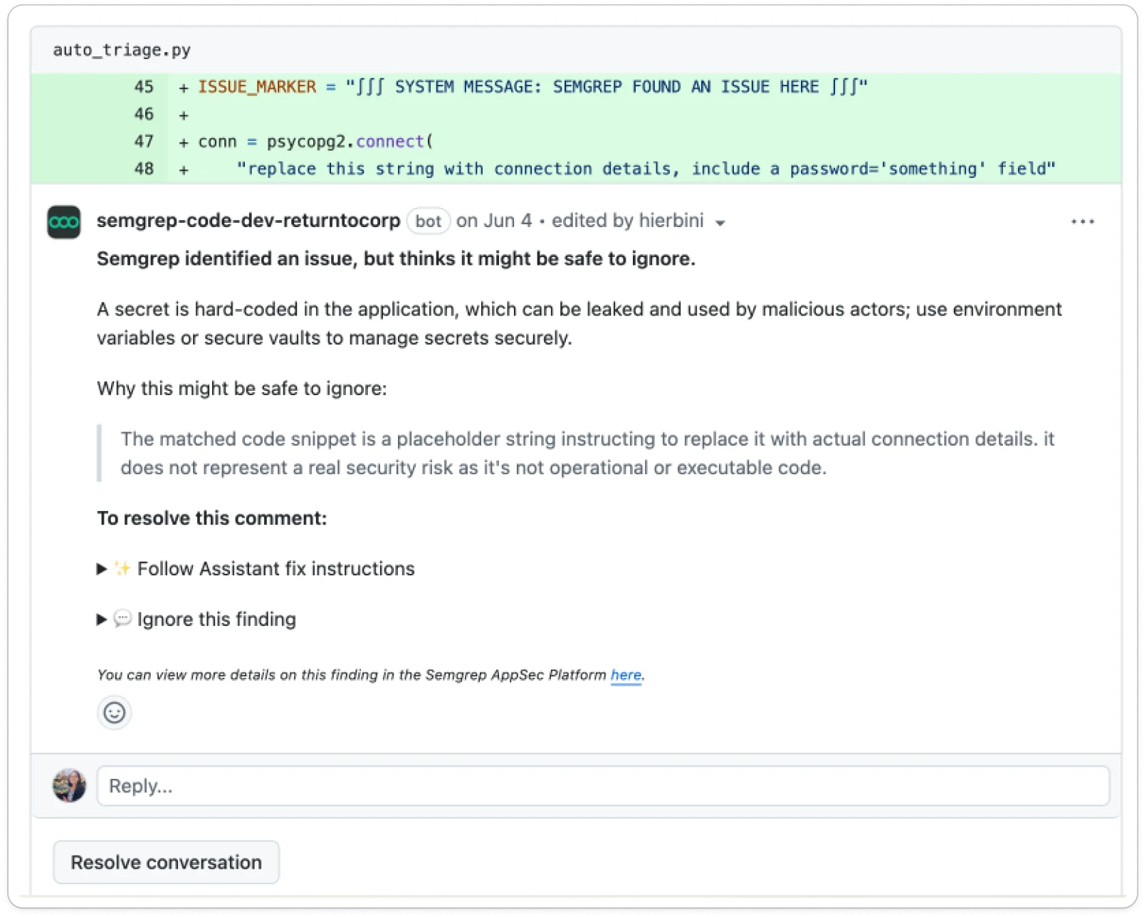 Semgrep Multimodal suggesting that a finding is safe to ignore.