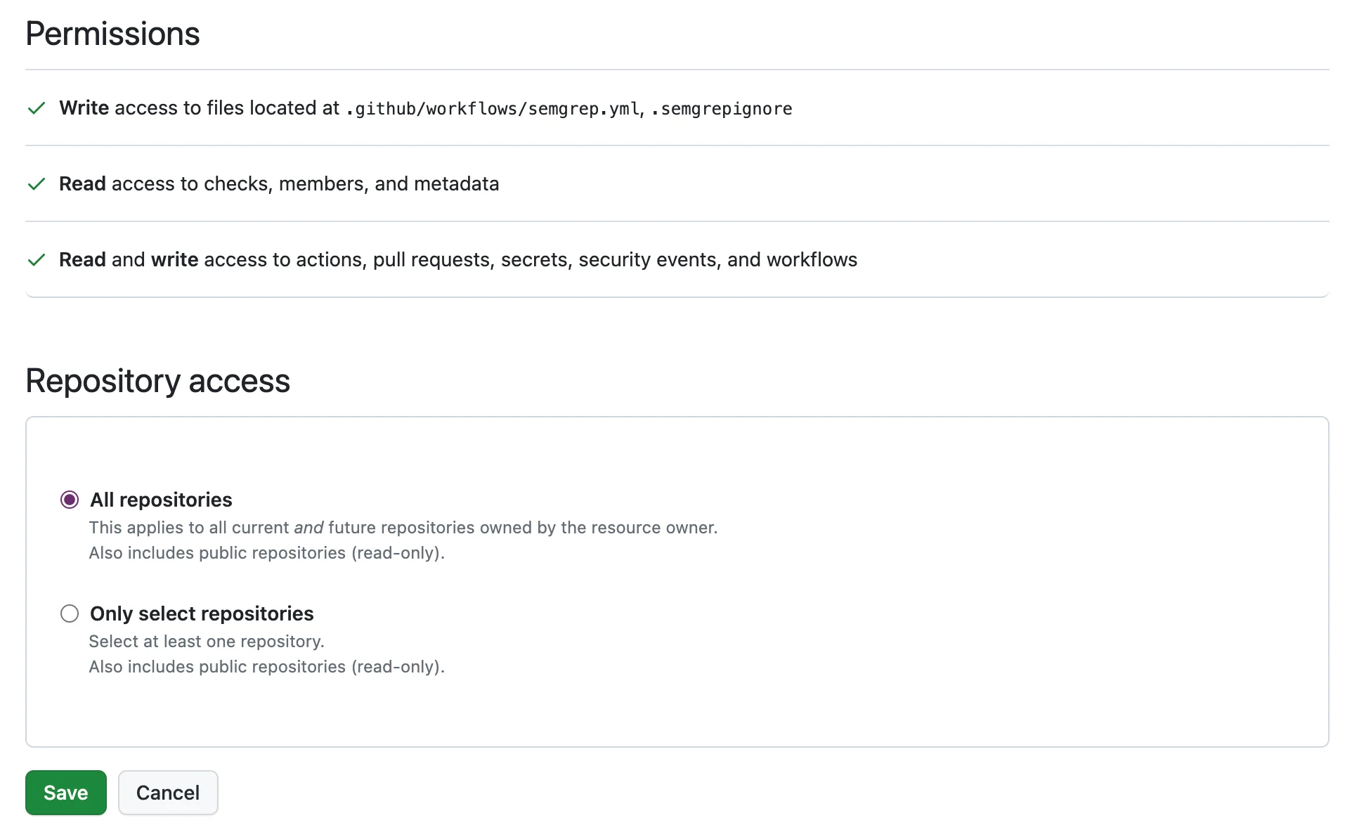 Semgrep GitHub app permissions: all repositories