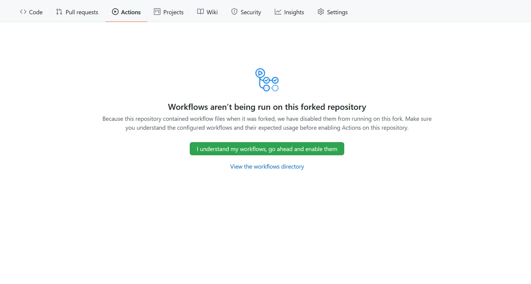 Screenshot of GitHub's Actions tab with workflows disabled