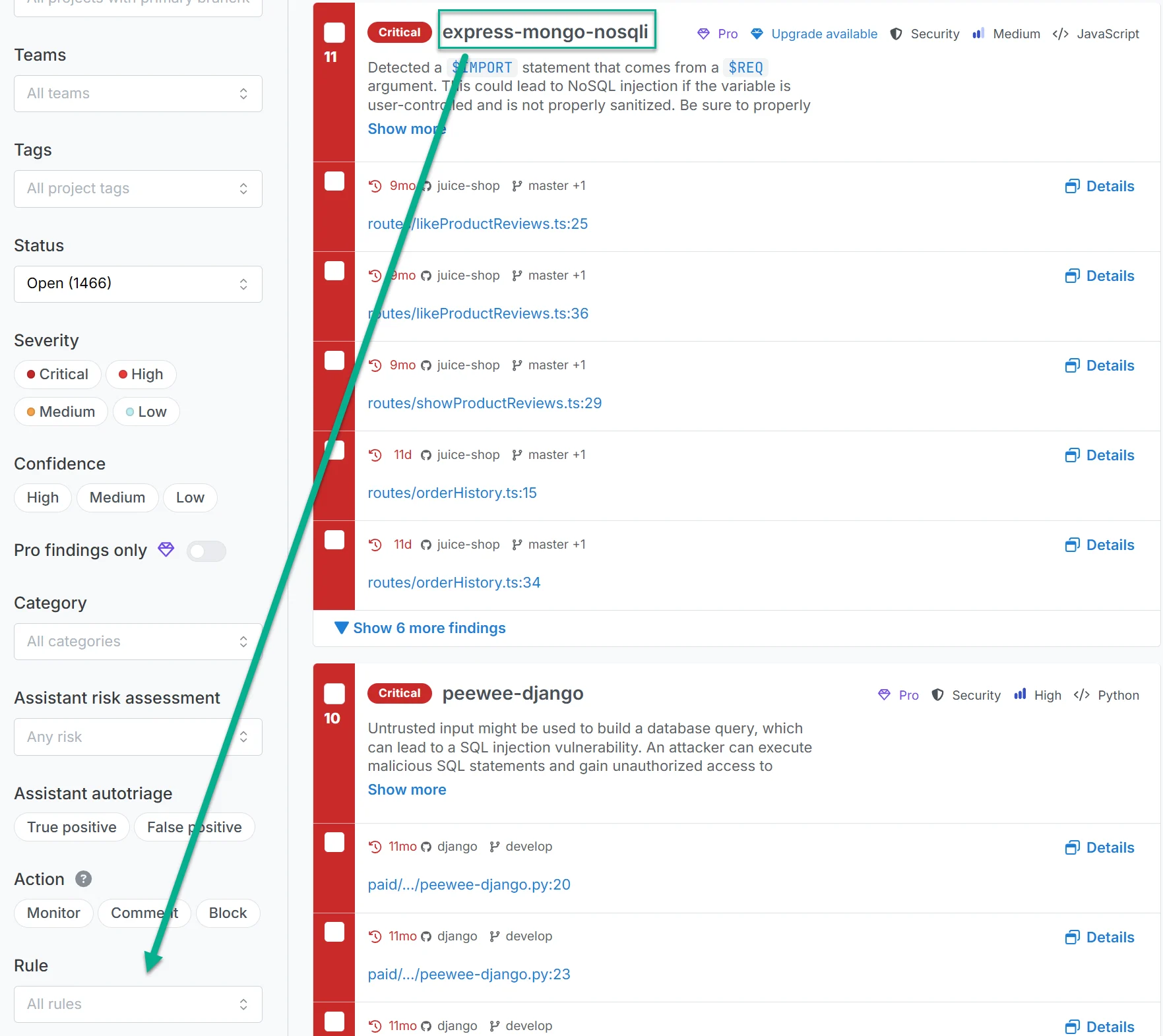 Rule ID and Rule filter placement.