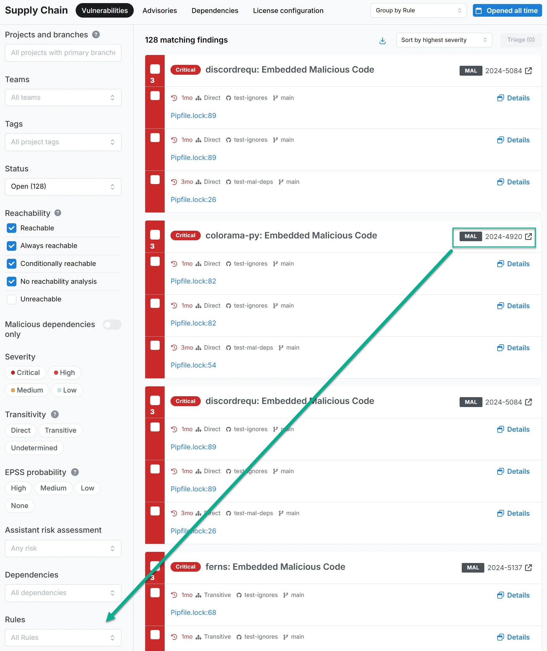 Rule ID and Rules filter placement.