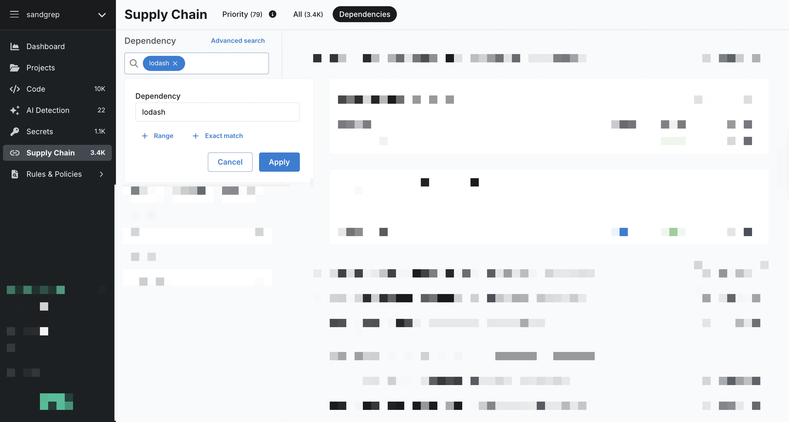 Sample dependency search for lodash 4.17 or later.