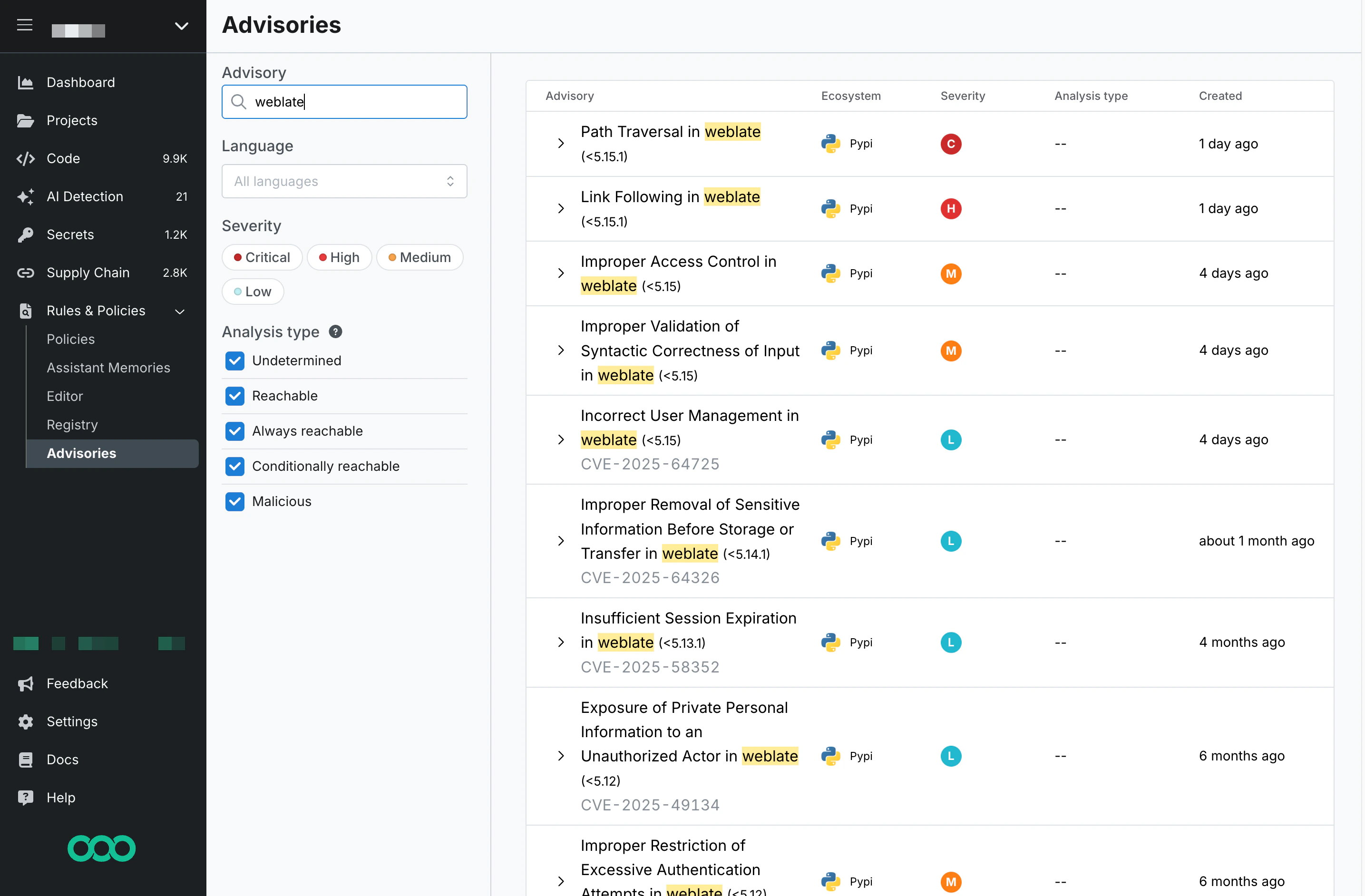 Search for advisories by package name.