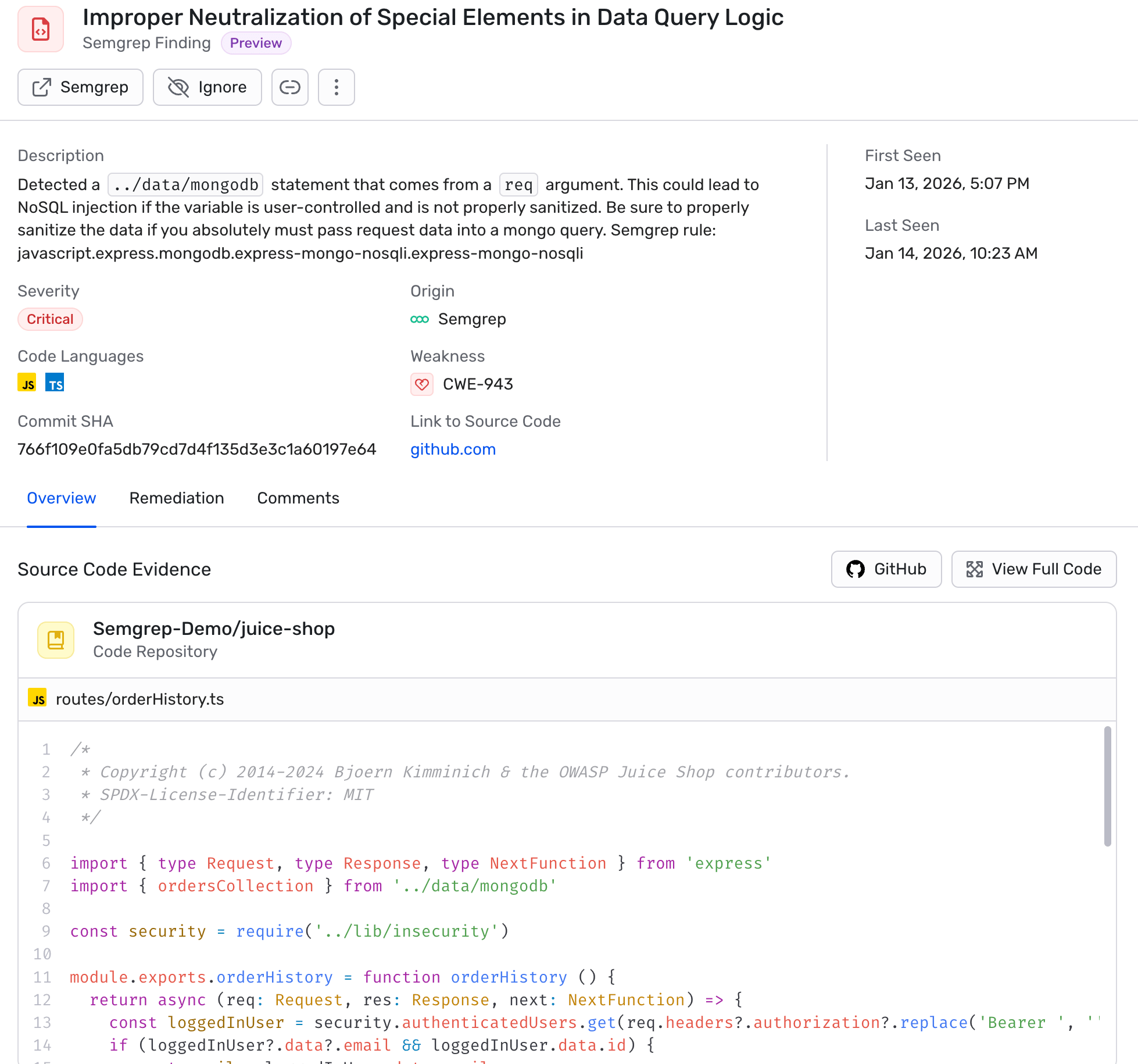 Detailed information for a finding sent by Semgrep to Wiz