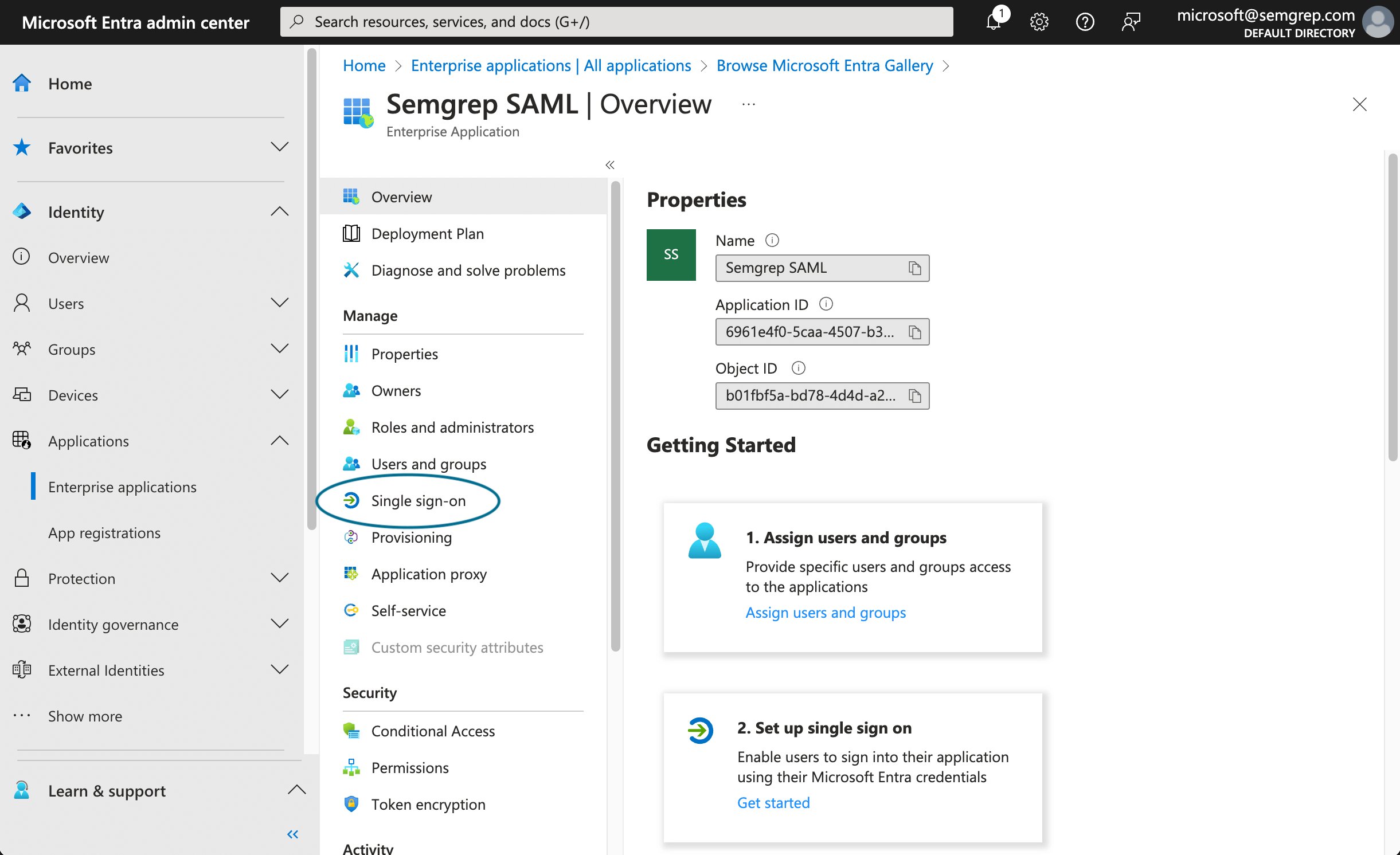 Enterprise application's Single-sign on menu option