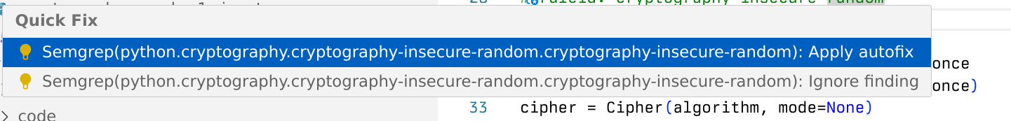 Semgrep remediation guidance in VS Code Quick fix menu