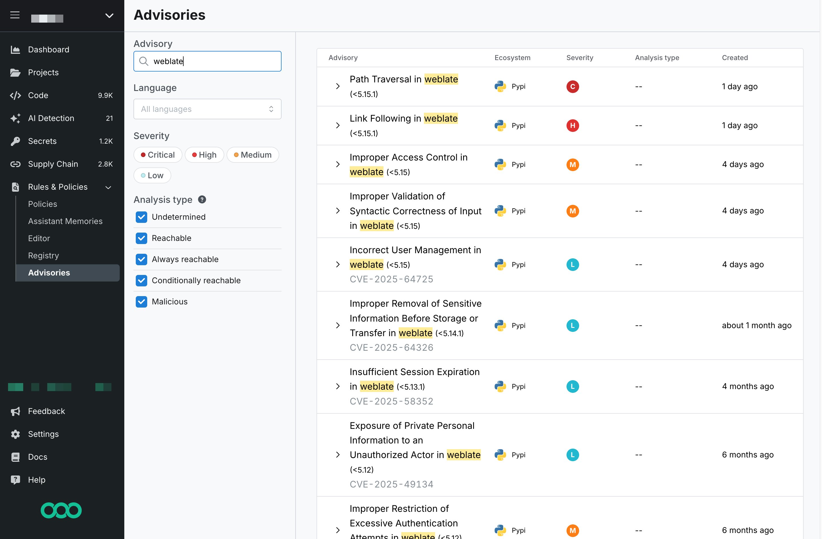 Search for advisories by package name.