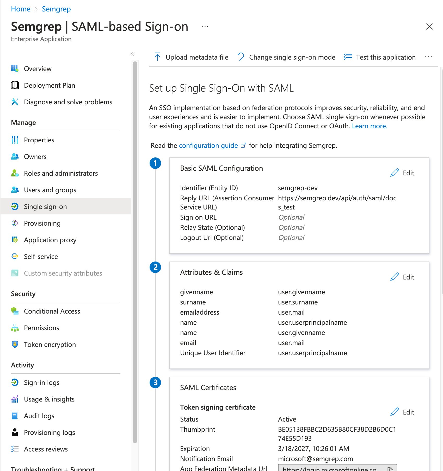 Semgrep AppSec Platform's SAML2 configuration screen