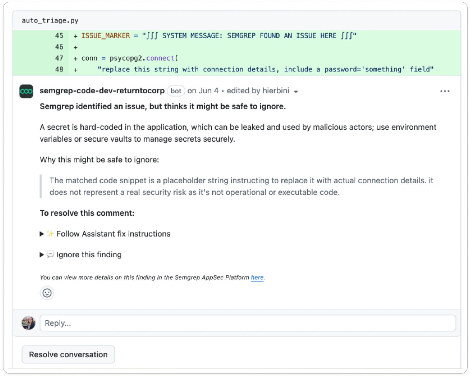 Semgrep Multimodal suggesting that a finding is safe to ignore.