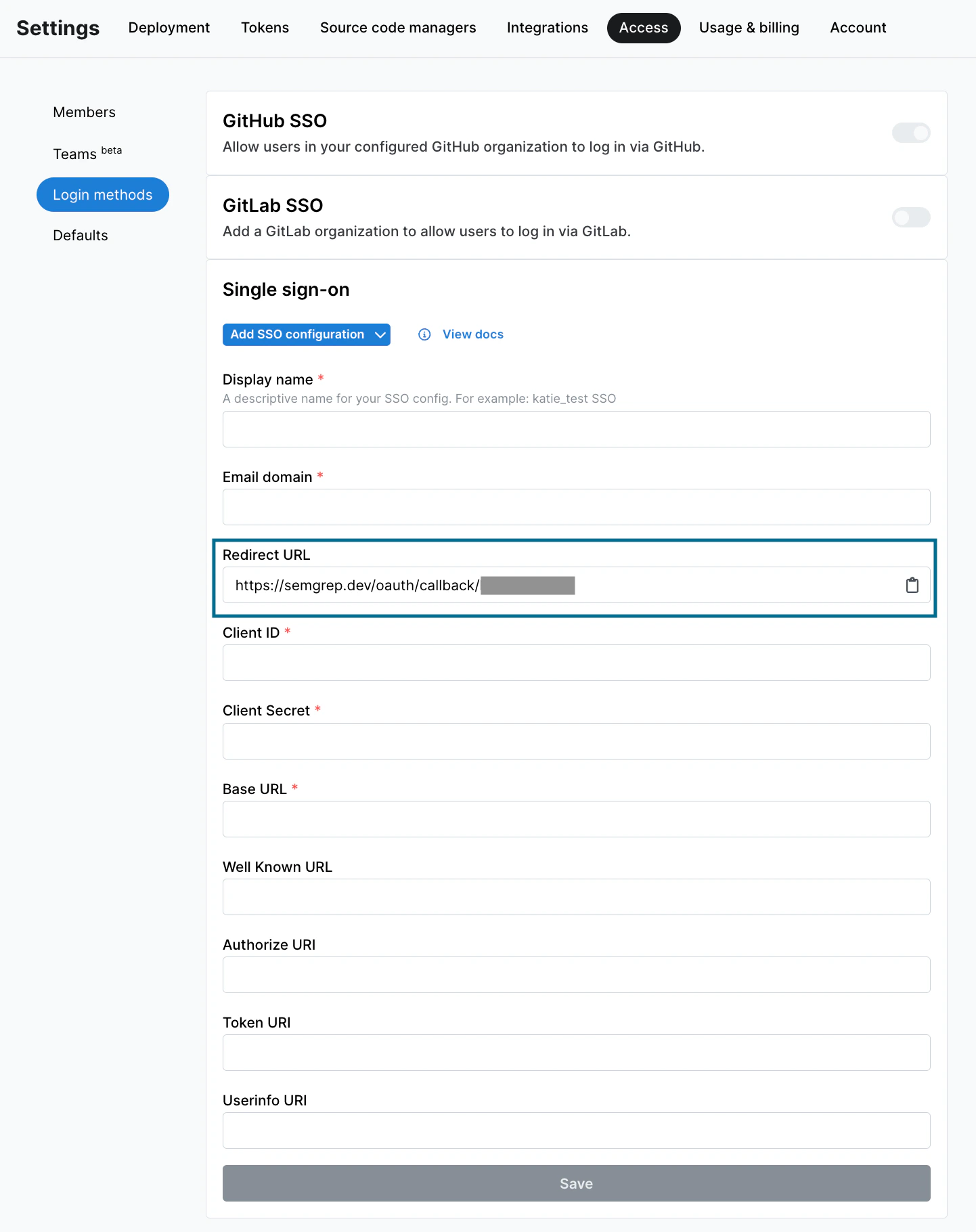 SSO configuration form displaying the redirect URL