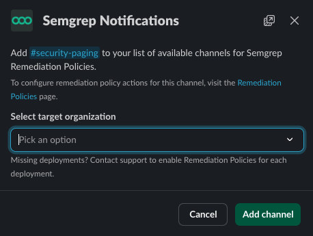 The Semgrep notifications dialog in Slack, opened with the /semgrep_add_channel command.