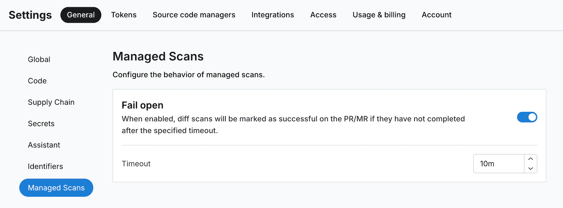 Semgrep AppSec Platform settings page with fail open configuration options.