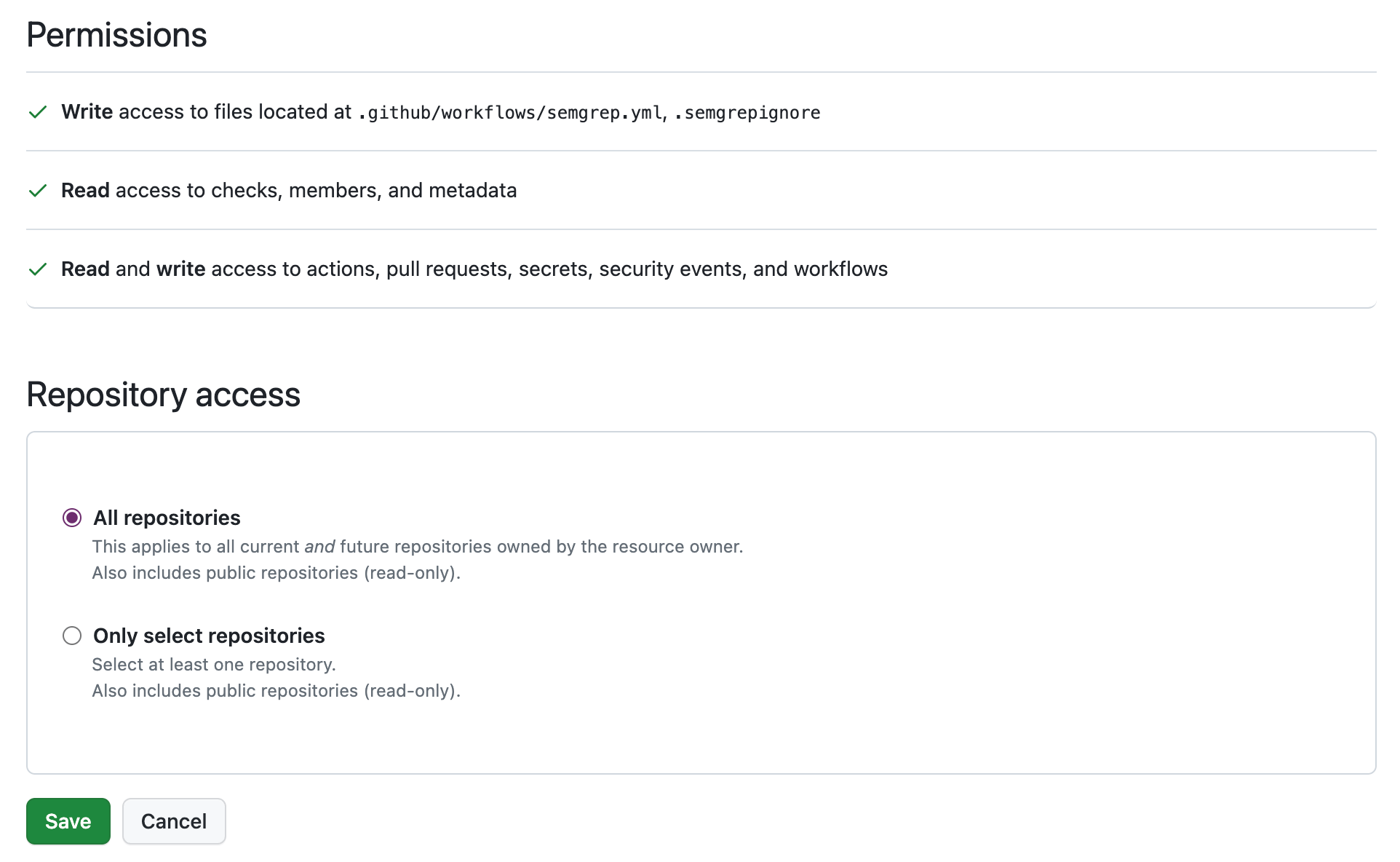Semgrep GitHub app permissions: all repositories