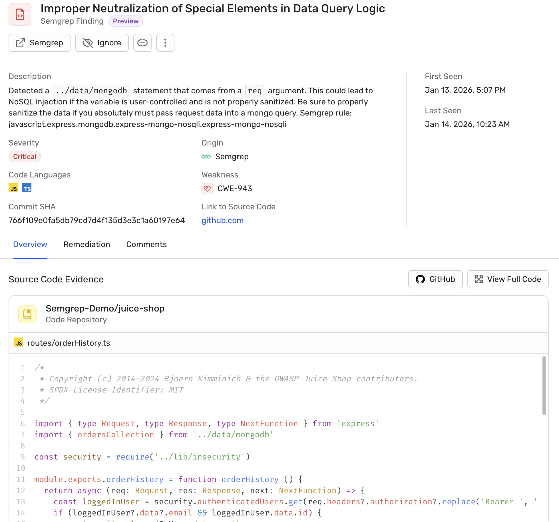 Detailed information for a finding sent by Semgrep to Wiz