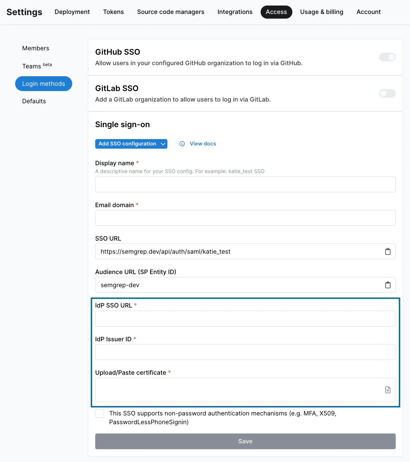 Filling in IdP SSO URL, IdP Issuer ID, and X509 Certificate on Semgrep