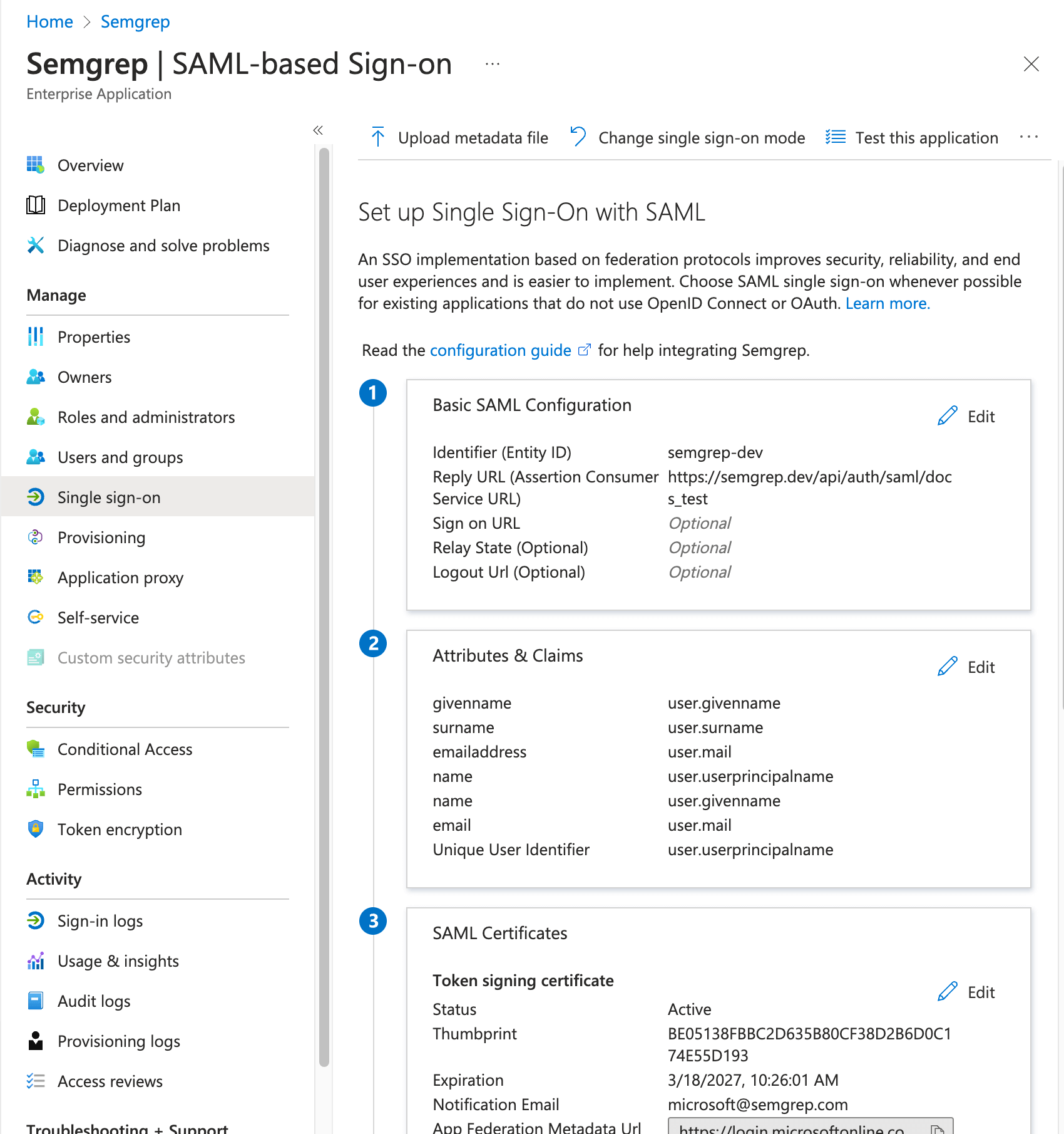 Semgrep AppSec Platform's SAML2 configuration screen