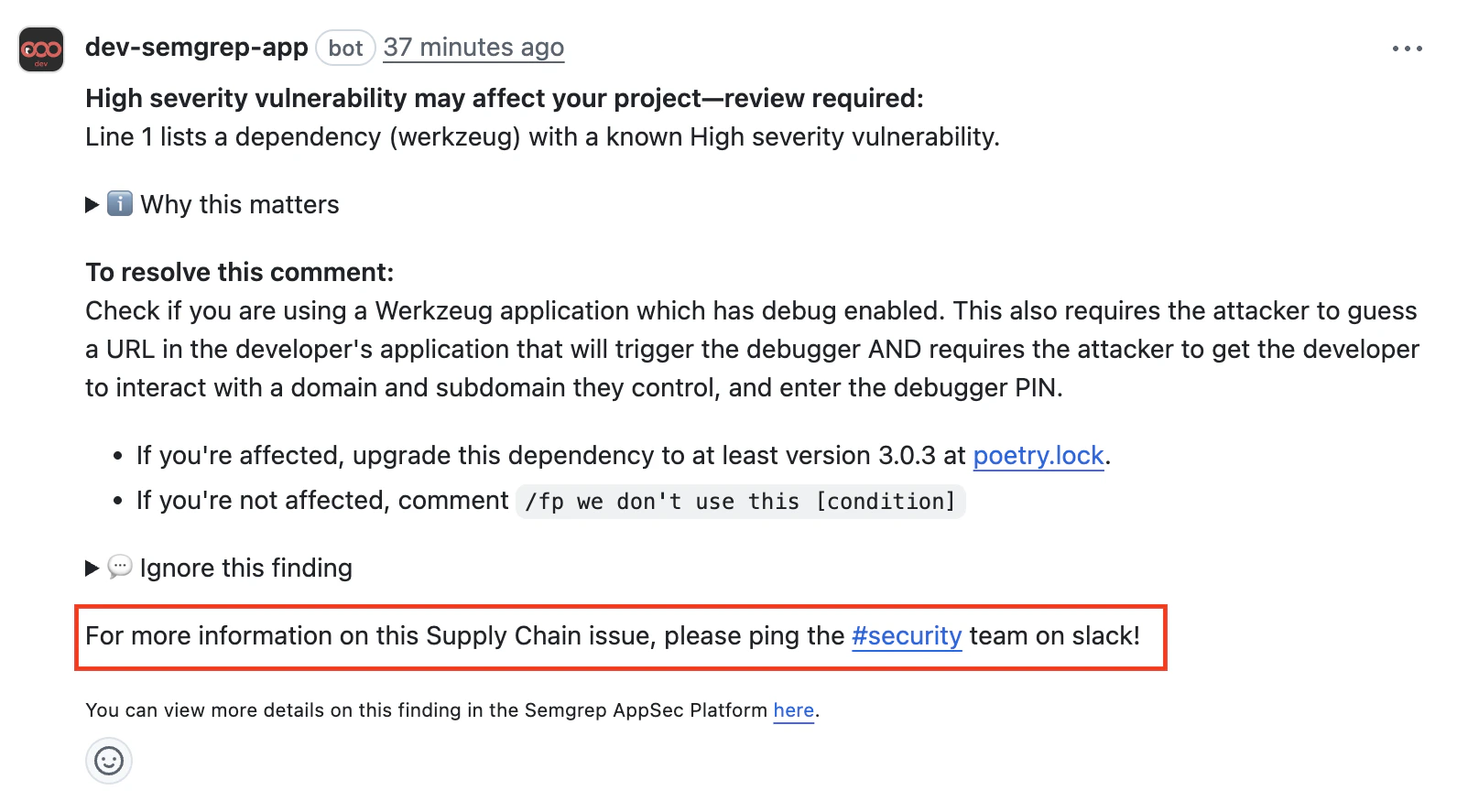 A custom comment with instructions on how to obtain more information about a finding.