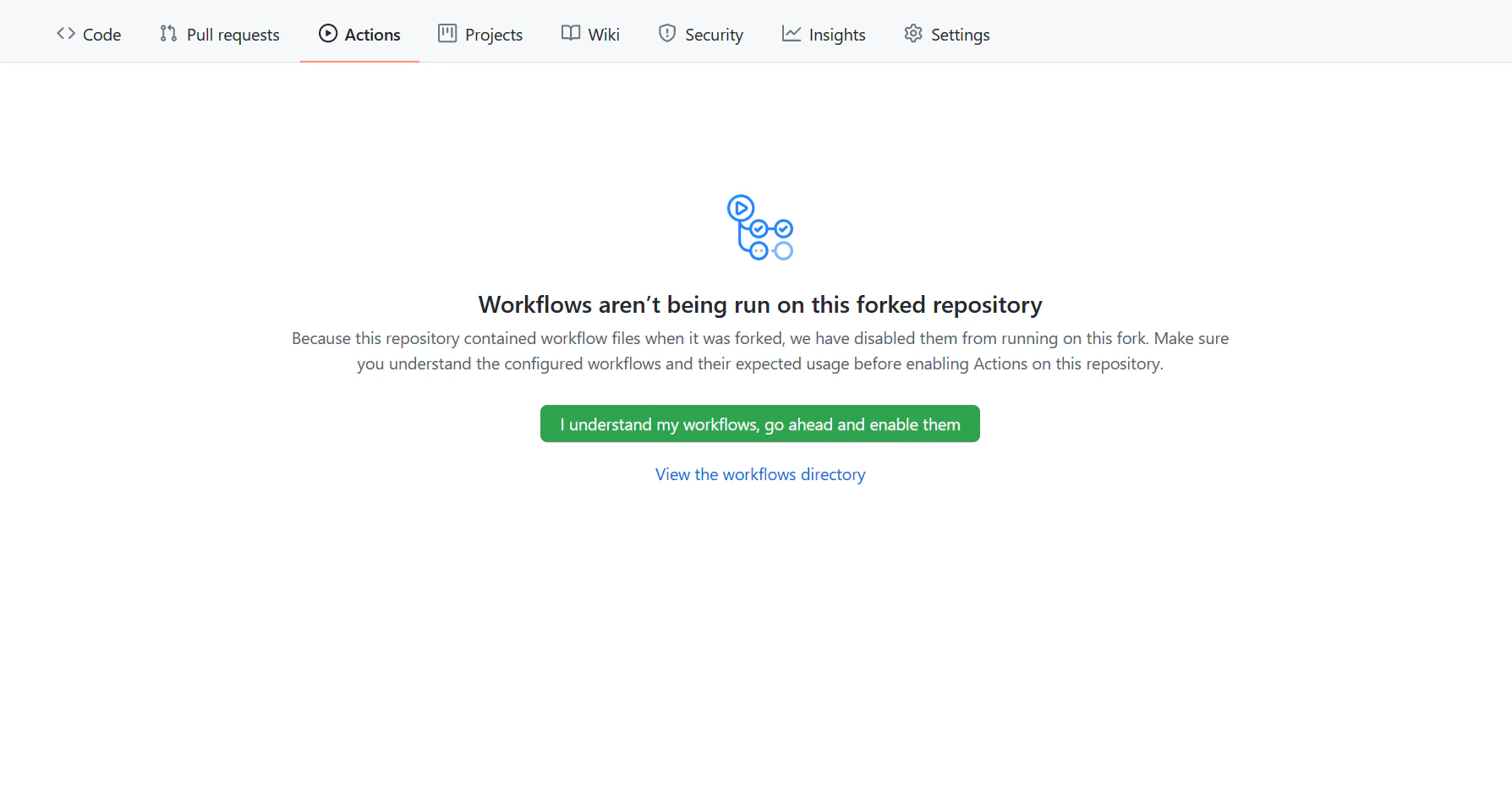 Screenshot of GitHub's Actions tab with workflows disabled