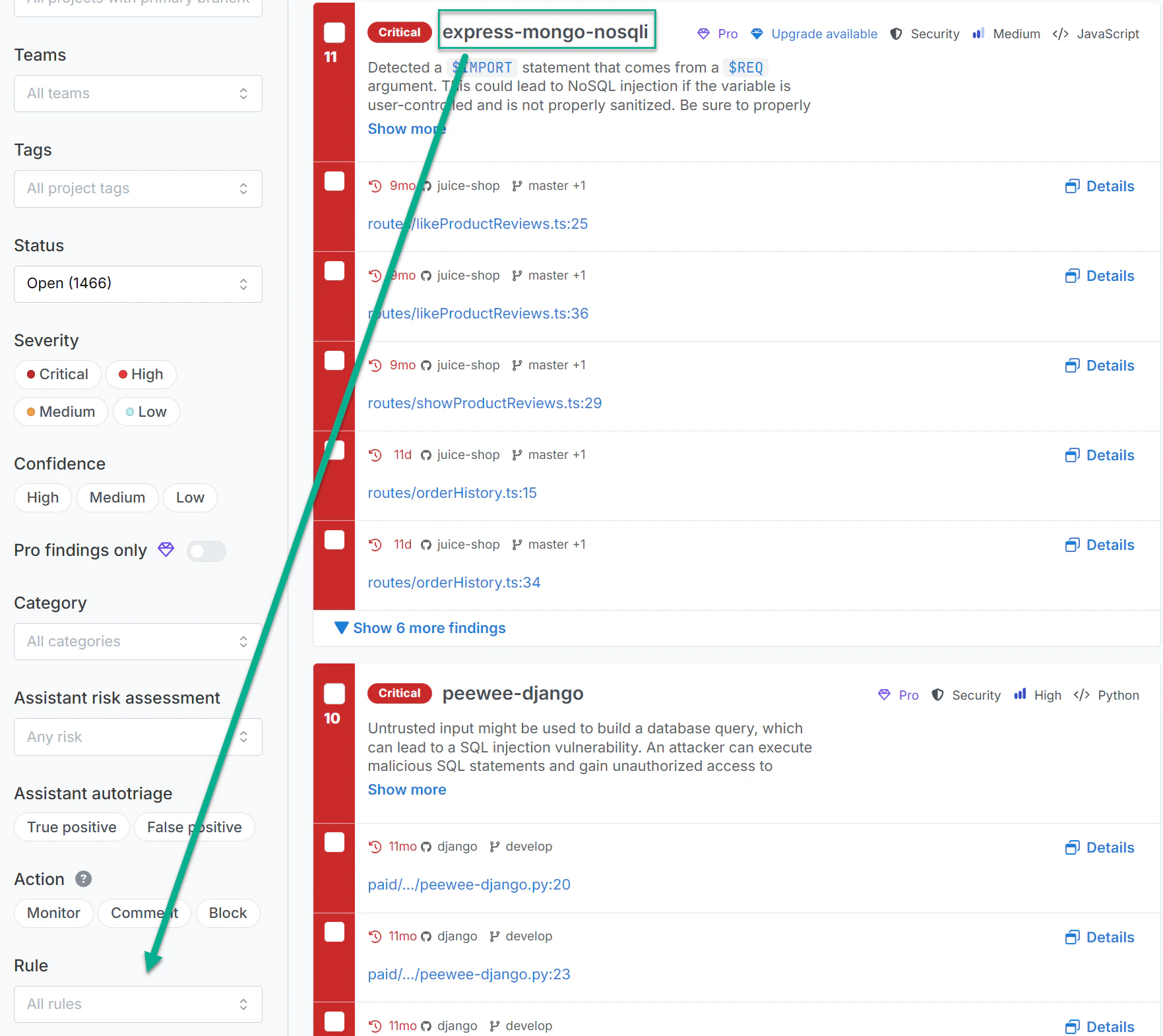Rule ID and Rule filter placement.