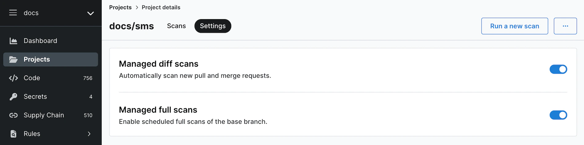 Semgrep AppSec Platform toggles to turn off managed scans of repositories