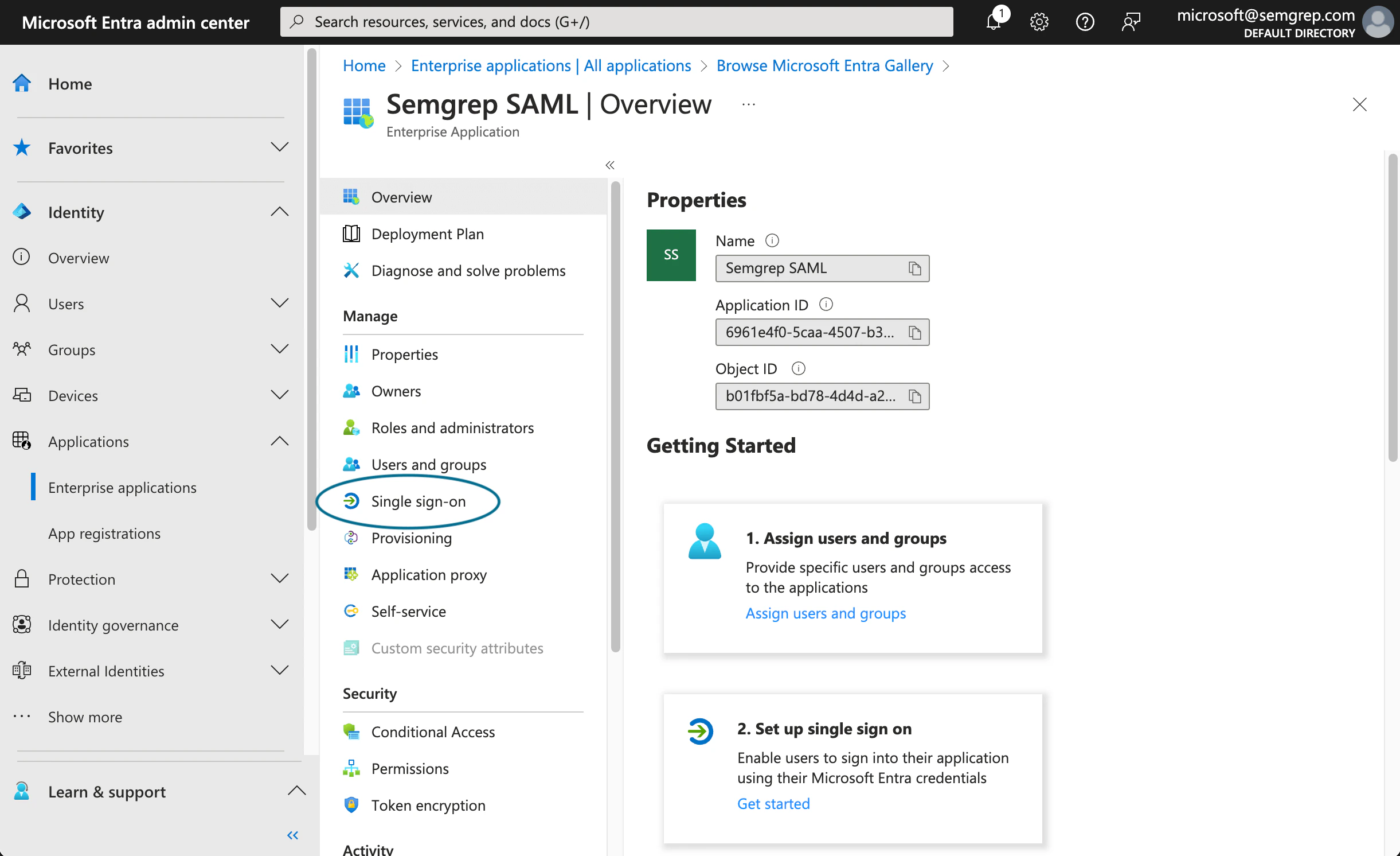 Enterprise application's Single-sign on menu option