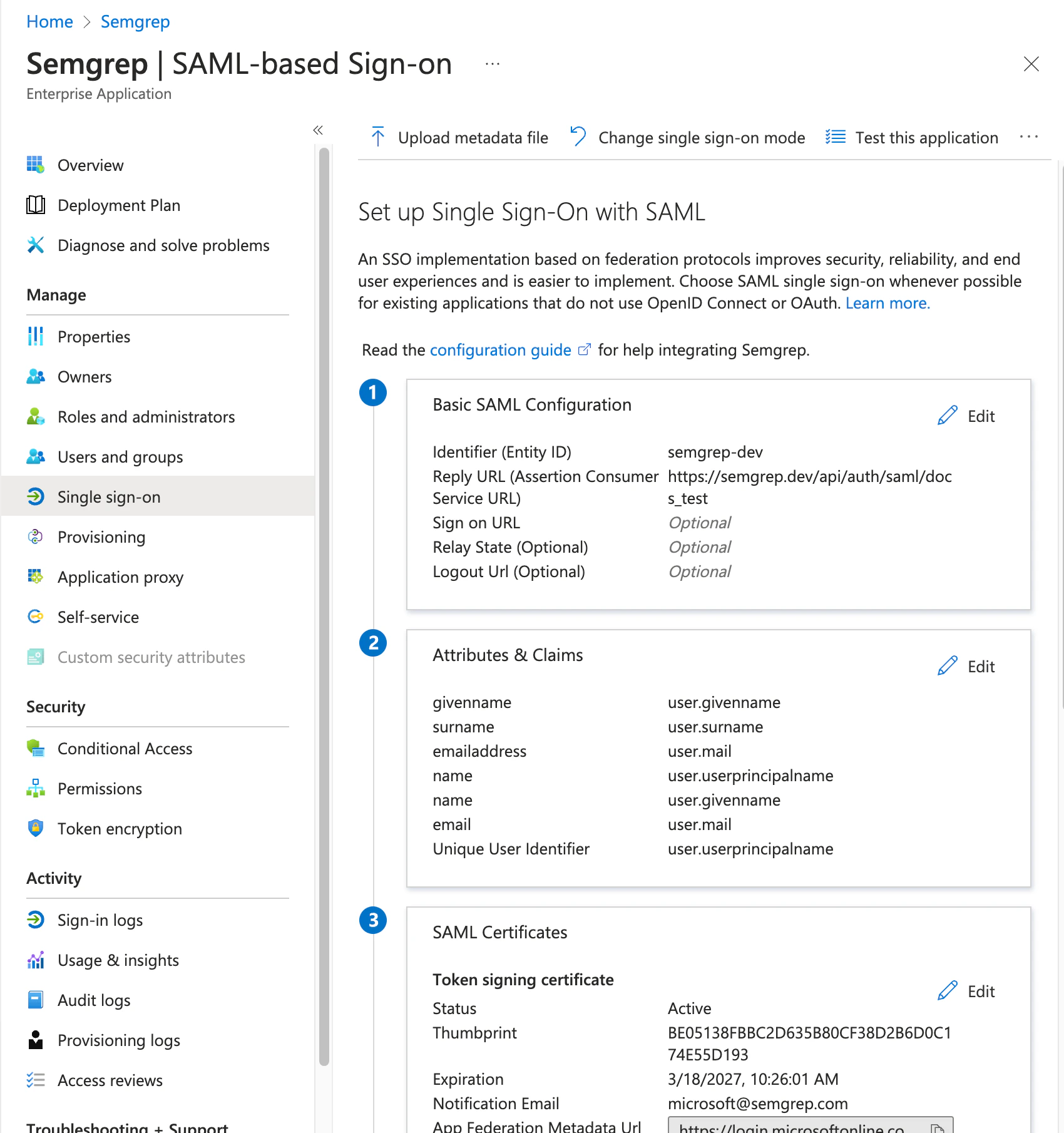Semgrep AppSec Platform's SAML2 configuration screen