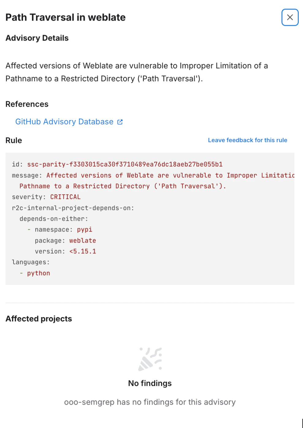 Advisory details dialog with no findings found.