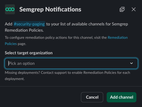 The Semgrep notifications dialog in Slack, opened with the /semgrep_add_channel command.