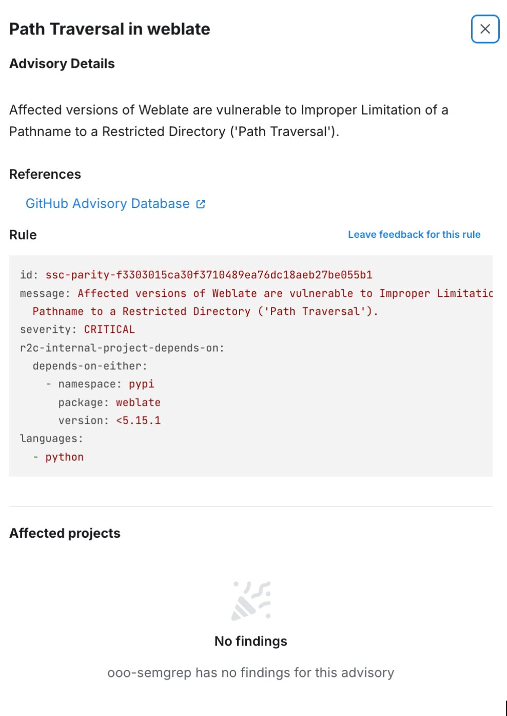 Advisory details dialog with no findings found.