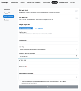 Filling in IdP SSO URL, IdP Issuer ID, and X509 Certificate on Semgrep