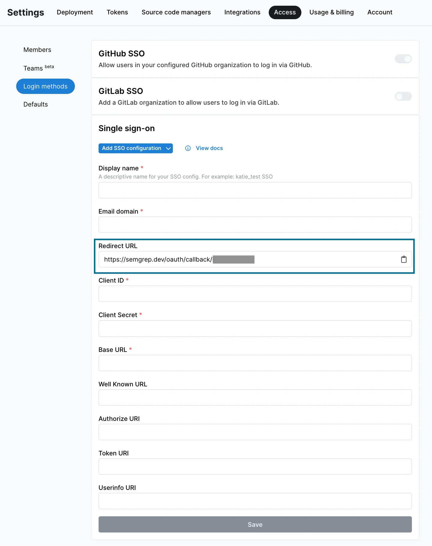 SSO configuration form displaying the redirect URL