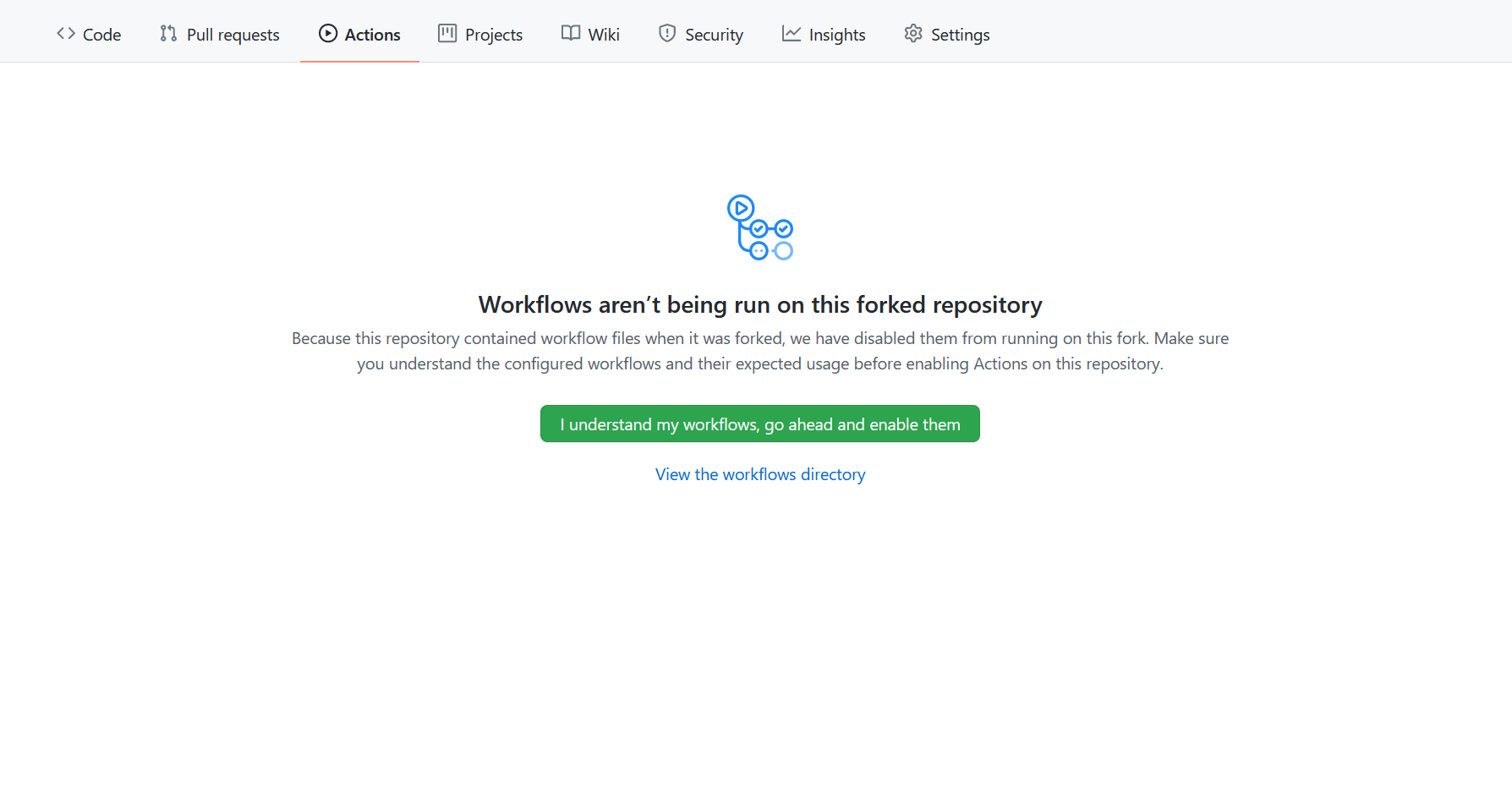 Screenshot of GitHub's Actions tab with workflows disabled