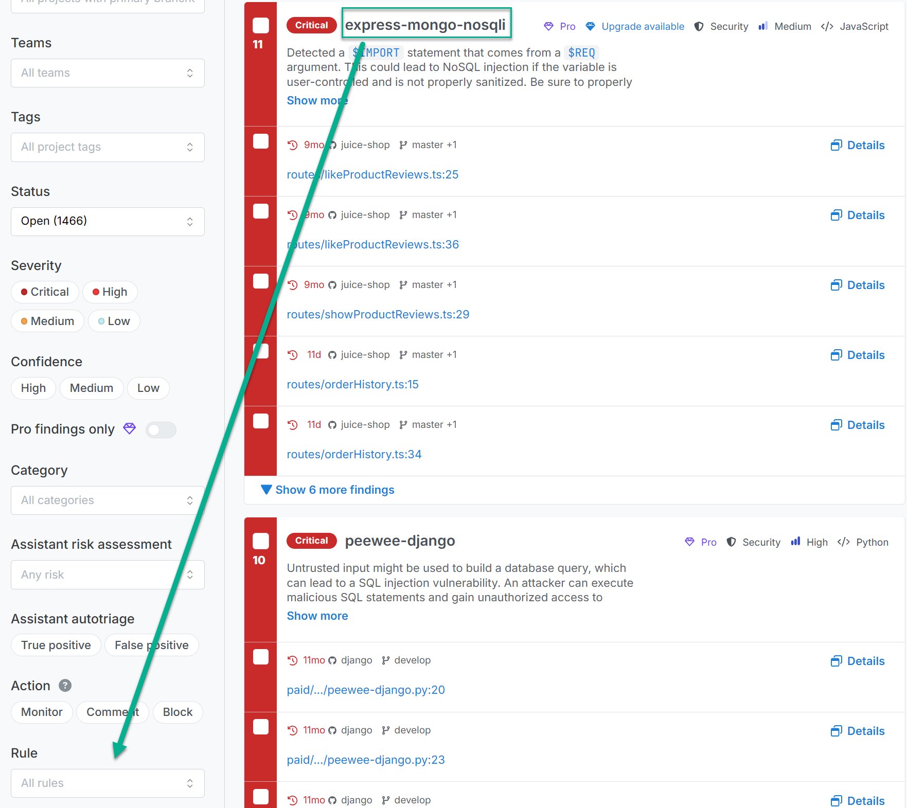Rule ID and Rule filter placement.