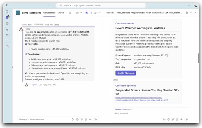 Teams discussion thread where the Content Opportunities agent details its recommendations