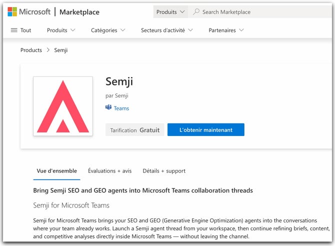 Semji for Microsoft Teams app listing with the Get it now and Add buttons