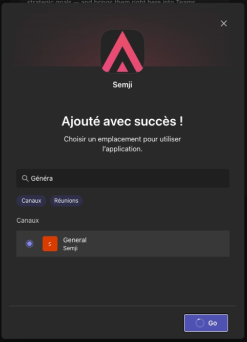 Teams channel selection window with the Go button