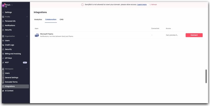 Collaboration tab of Semji integrations with the Microsoft Teams row and Connect button