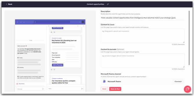 Content Opportunities agent configuration form with channel, frequency, and filters