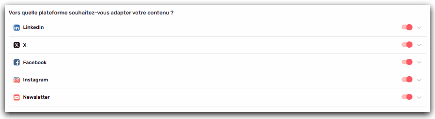 Checkboxes des 5 plateformes agent reseaux sociaux