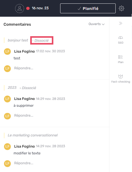 commentaire dissocié