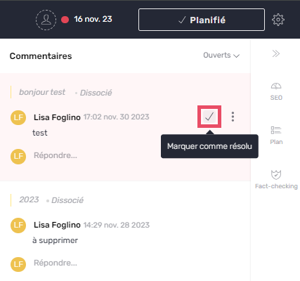 marquer comme résolu un commentaire