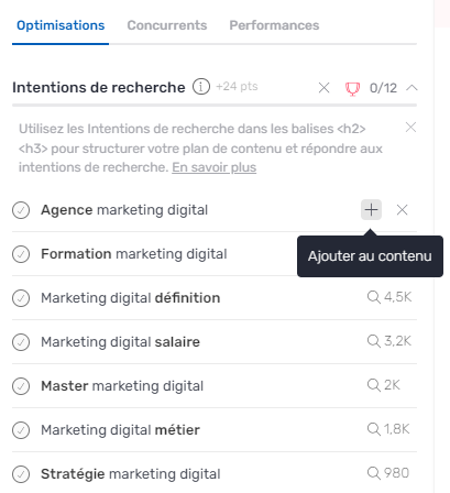ajouter intention de recherche