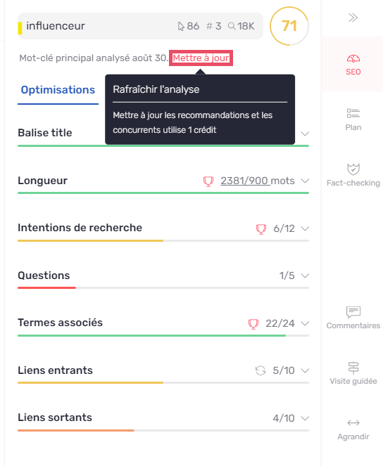 mettre à jour analyse