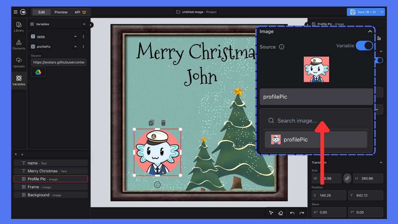 Image showing how to set up and use image variables in the editor