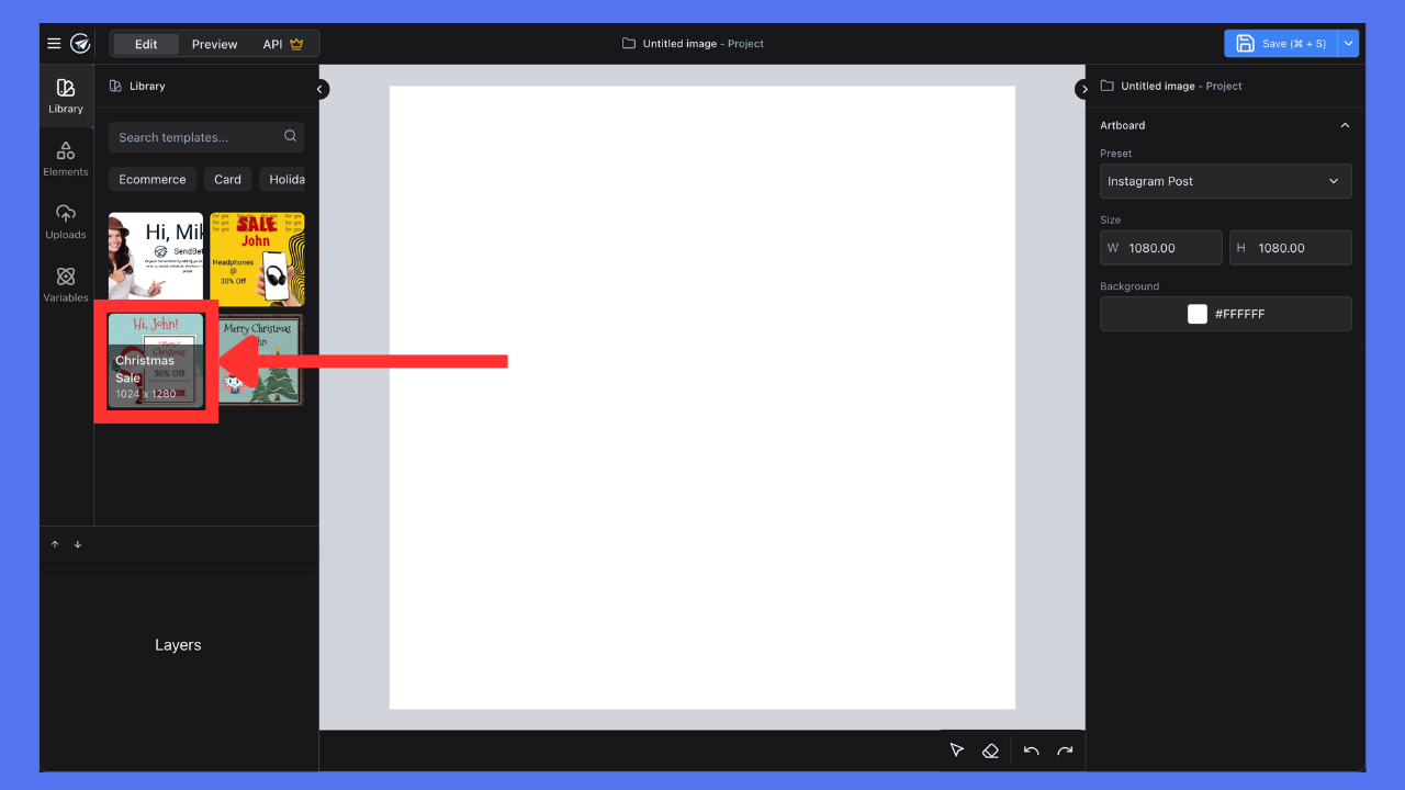 Template library selected inside the editor