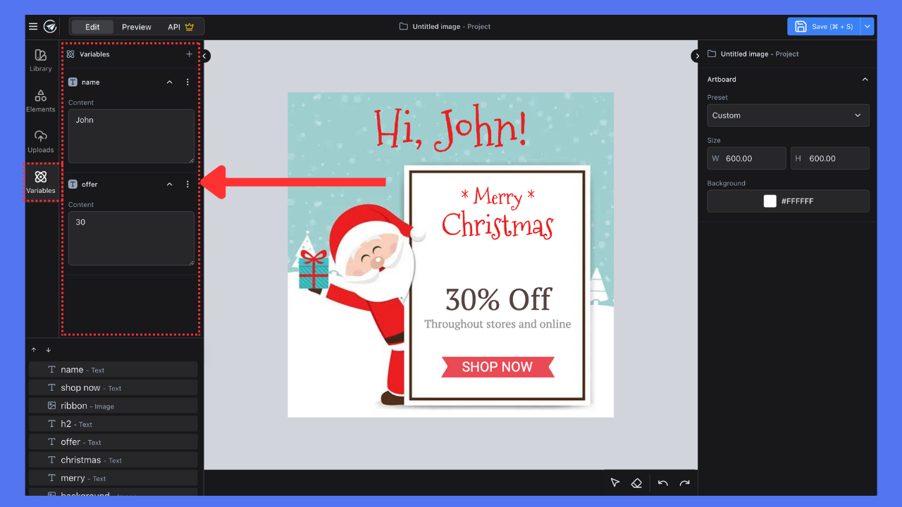 Variables panel selected inside the editor